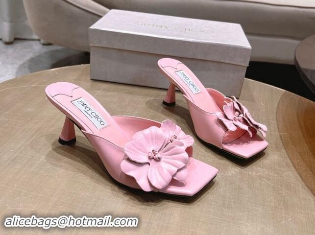 Luxury Jimmy Choo Flower Calfskin Heel Slide Sandals 6.5cm Pink 606053