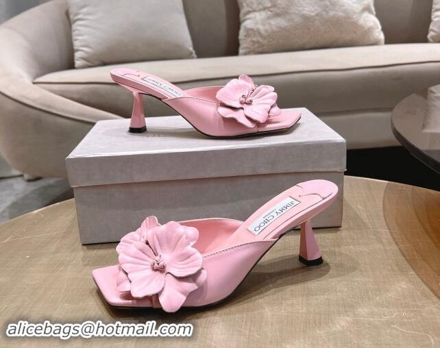 Luxury Jimmy Choo Flower Calfskin Heel Slide Sandals 6.5cm Pink 606053