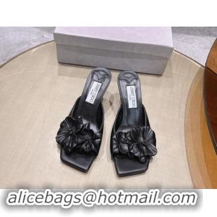 Best Grade Jimmy Choo Flower Calfskin Heel Slide Sandals 6.5cm Black 606054