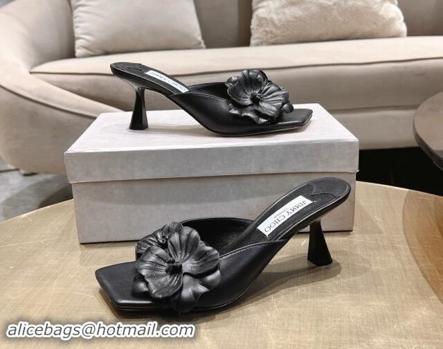 Best Grade Jimmy Choo Flower Calfskin Heel Slide Sandals 6.5cm Black 606054