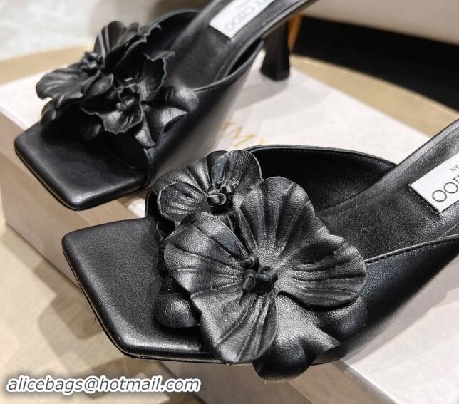 Best Grade Jimmy Choo Flower Calfskin Heel Slide Sandals 6.5cm Black 606054