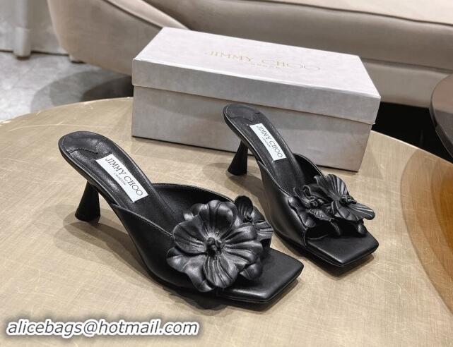 Best Grade Jimmy Choo Flower Calfskin Heel Slide Sandals 6.5cm Black 606054