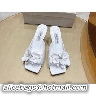 Charming Jimmy Choo Flower Calfskin Heel Slide Sandals 6.5cm White 0606055