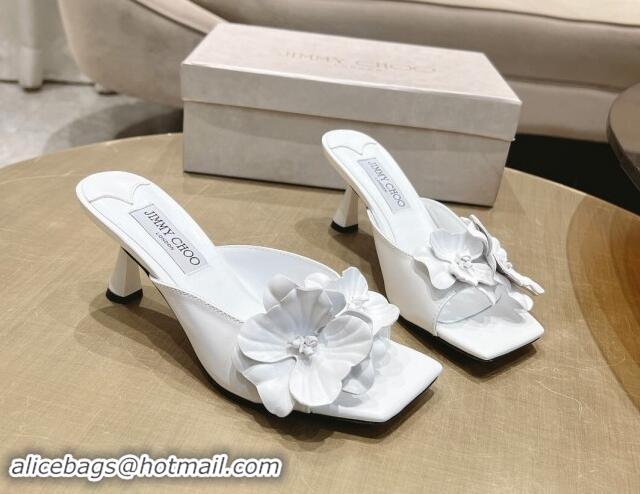 Charming Jimmy Choo Flower Calfskin Heel Slide Sandals 6.5cm White 0606055