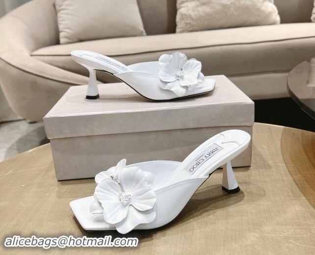 Charming Jimmy Choo Flower Calfskin Heel Slide Sandals 6.5cm White 0606055