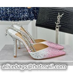 Luxurious Jimmy Choo Saeda Slingback Pumps 8cm with Strass and Ankle Strap Pink 606057