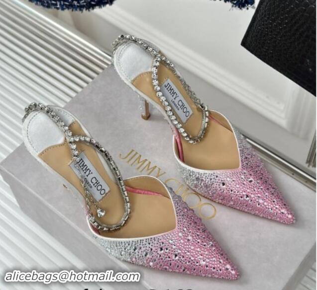 Luxurious Jimmy Choo Saeda Slingback Pumps 8cm with Strass and Ankle Strap Pink 606057