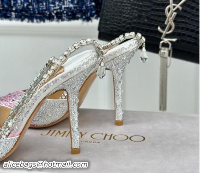 Luxurious Jimmy Choo Saeda Slingback Pumps 8cm with Strass and Ankle Strap Pink 606057