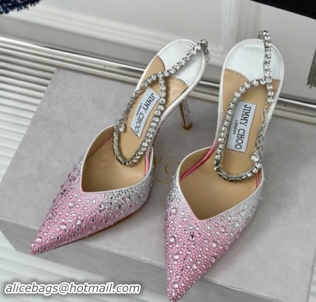 Luxurious Jimmy Choo Saeda Slingback Pumps 8cm with Strass and Ankle Strap Pink 606057