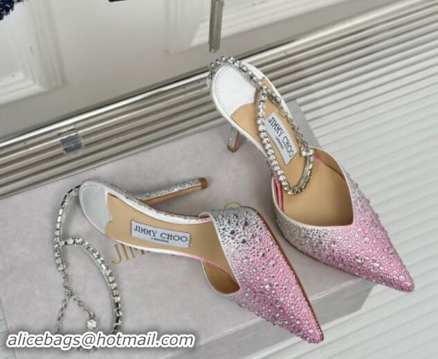 Luxurious Jimmy Choo Saeda Slingback Pumps 8cm with Strass and Ankle Strap Pink 606057