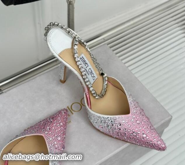 Luxurious Jimmy Choo Saeda Slingback Pumps 8cm with Strass and Ankle Strap Pink 606057