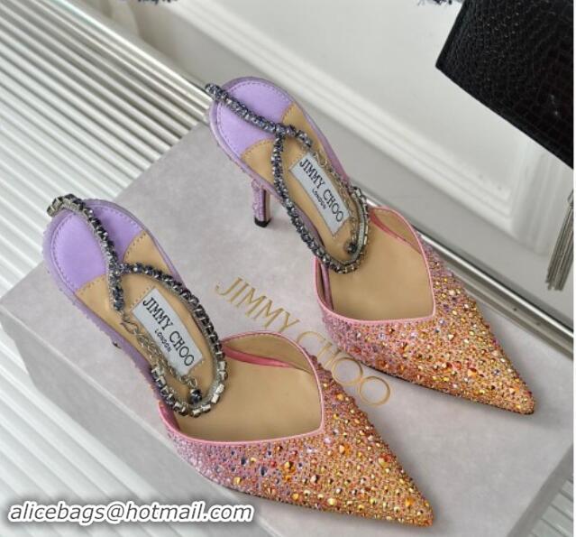 Hot Style Jimmy Choo Saeda Slingback Pumps 8cm with Strass and Ankle Strap Sunset Mix 606058