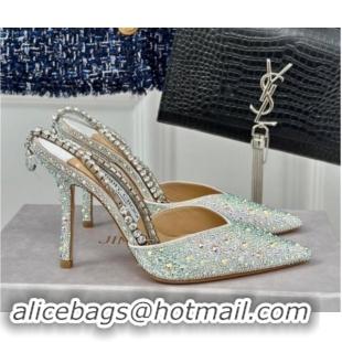 Best Price Jimmy Choo Saeda Slingback Pumps 8cm with Strass and Ankle Strap Silver 606059