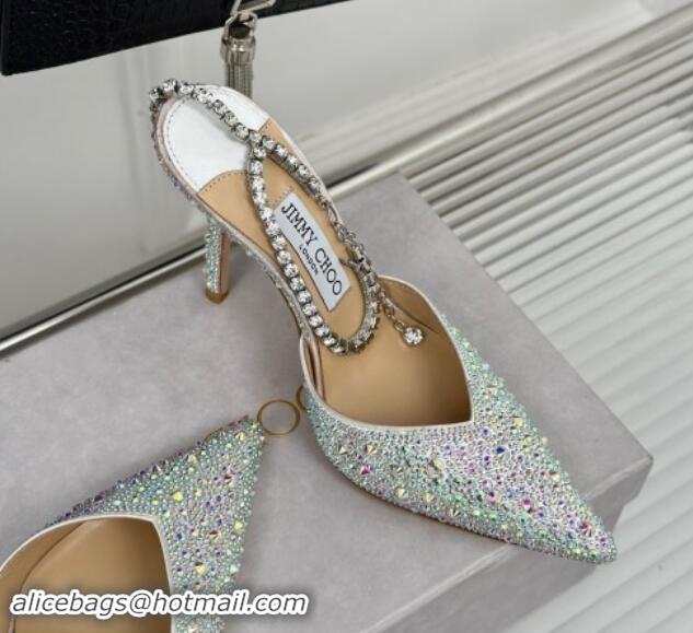 Best Price Jimmy Choo Saeda Slingback Pumps 8cm with Strass and Ankle Strap Silver 606059