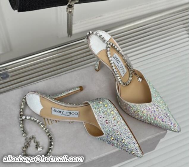 Best Price Jimmy Choo Saeda Slingback Pumps 8cm with Strass and Ankle Strap Silver 606059