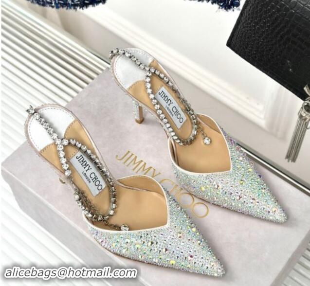 Best Price Jimmy Choo Saeda Slingback Pumps 8cm with Strass and Ankle Strap Silver 606059