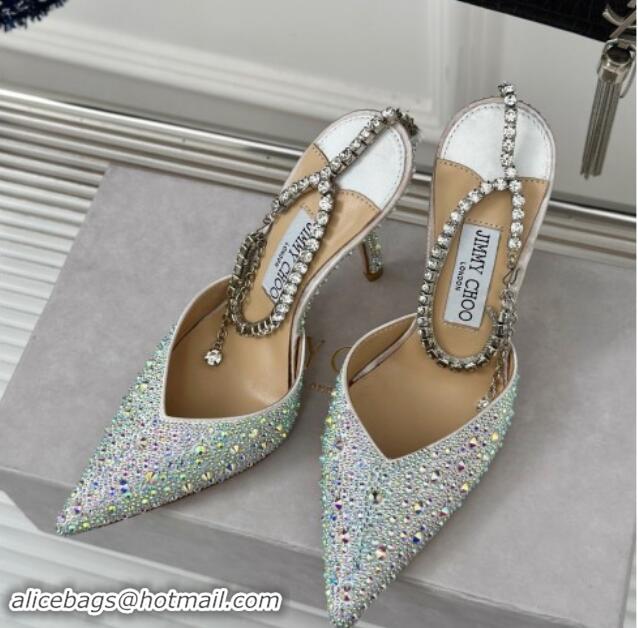 Best Price Jimmy Choo Saeda Slingback Pumps 8cm with Strass and Ankle Strap Silver 606059