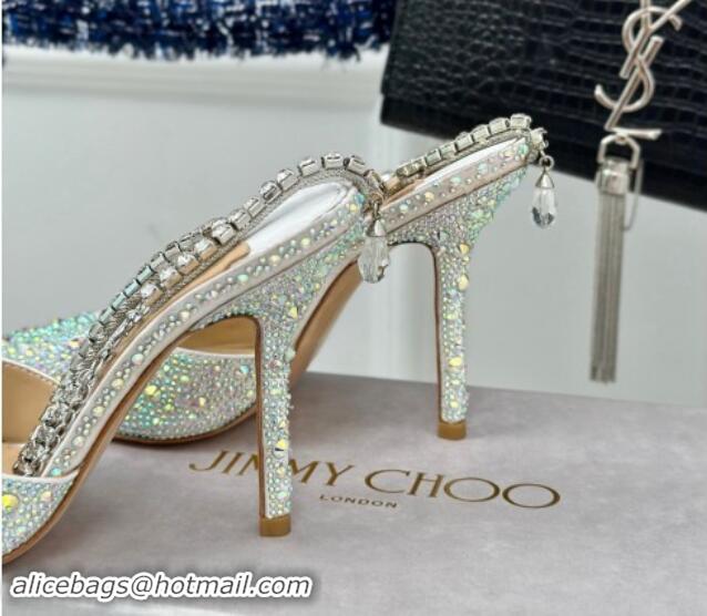 Best Price Jimmy Choo Saeda Slingback Pumps 8cm with Strass and Ankle Strap Silver 606059