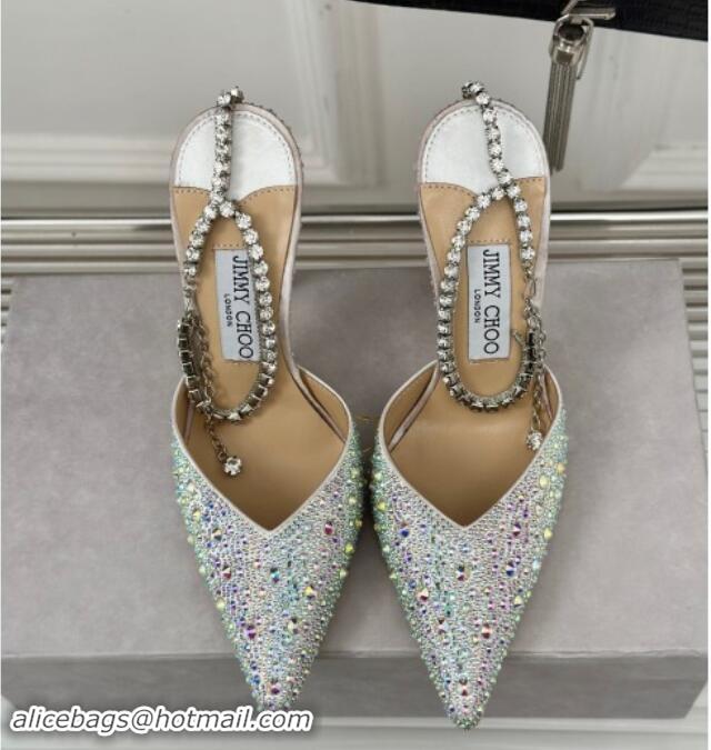 Best Price Jimmy Choo Saeda Slingback Pumps 8cm with Strass and Ankle Strap Silver 606059