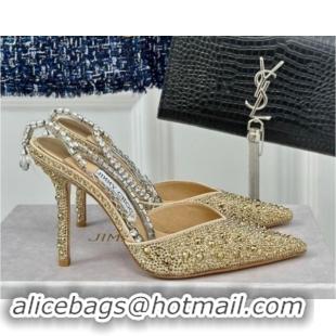 Sophisticated Jimmy Choo Saeda Slingback Pumps 8cm with Strass and Ankle Strap Gold 606060