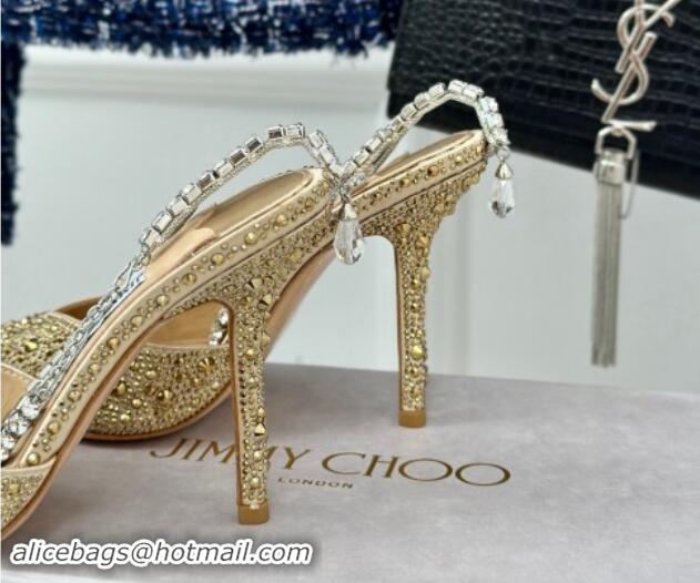 Sophisticated Jimmy Choo Saeda Slingback Pumps 8cm with Strass and Ankle Strap Gold 606060