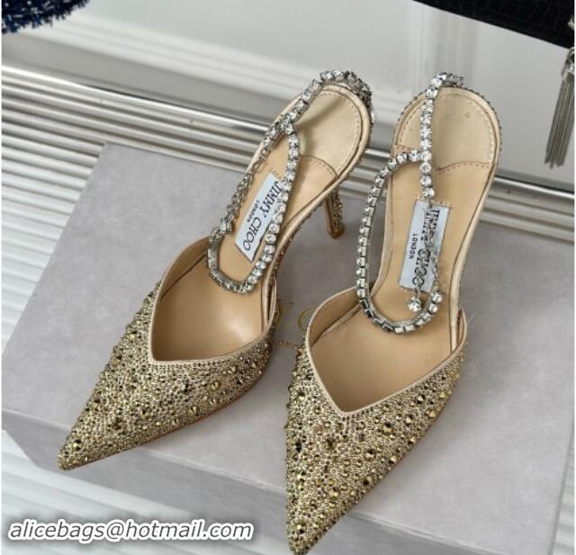 Sophisticated Jimmy Choo Saeda Slingback Pumps 8cm with Strass and Ankle Strap Gold 606060