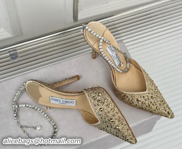 Sophisticated Jimmy Choo Saeda Slingback Pumps 8cm with Strass and Ankle Strap Gold 606060