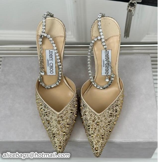 Sophisticated Jimmy Choo Saeda Slingback Pumps 8cm with Strass and Ankle Strap Gold 606060