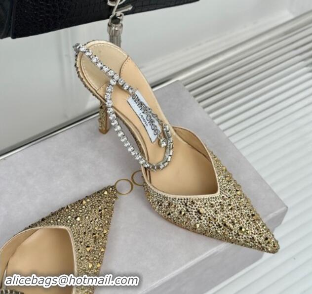 Sophisticated Jimmy Choo Saeda Slingback Pumps 8cm with Strass and Ankle Strap Gold 606060