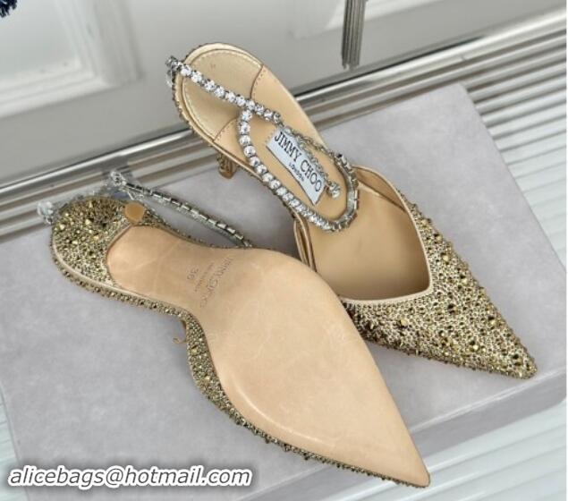 Sophisticated Jimmy Choo Saeda Slingback Pumps 8cm with Strass and Ankle Strap Gold 606060