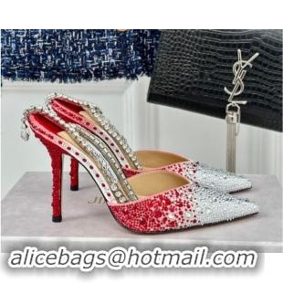 Duplicate Jimmy Choo Saeda Slingback Pumps 8cm with Strass and Ankle Strap Red 606061