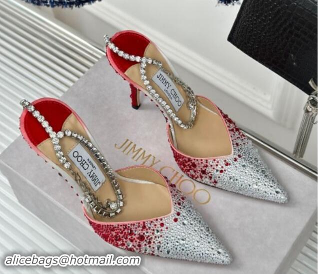 Duplicate Jimmy Choo Saeda Slingback Pumps 8cm with Strass and Ankle Strap Red 606061