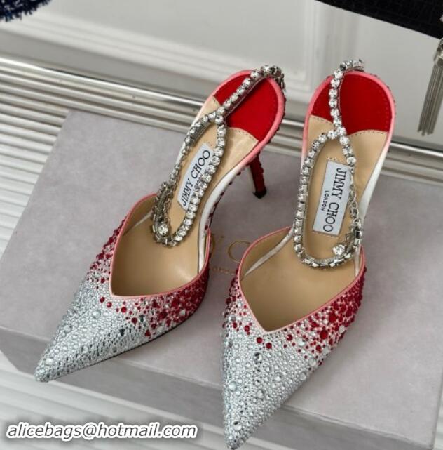 Duplicate Jimmy Choo Saeda Slingback Pumps 8cm with Strass and Ankle Strap Red 606061