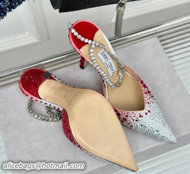 Duplicate Jimmy Choo Saeda Slingback Pumps 8cm with Strass and Ankle Strap Red 606061