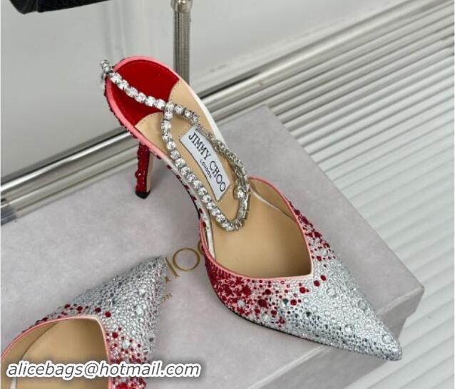 Duplicate Jimmy Choo Saeda Slingback Pumps 8cm with Strass and Ankle Strap Red 606061