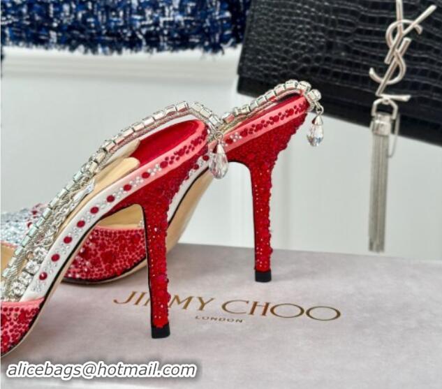 Duplicate Jimmy Choo Saeda Slingback Pumps 8cm with Strass and Ankle Strap Red 606061