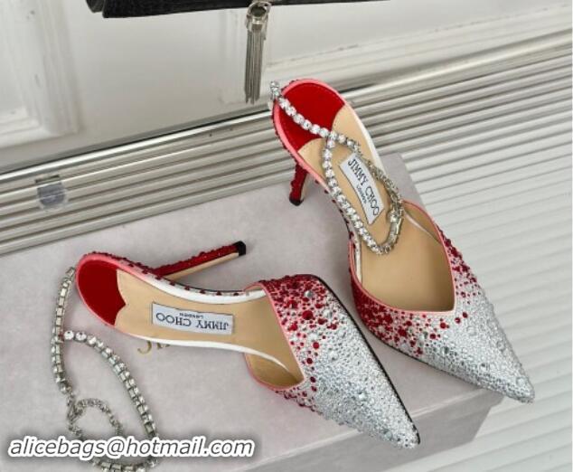 Duplicate Jimmy Choo Saeda Slingback Pumps 8cm with Strass and Ankle Strap Red 606061