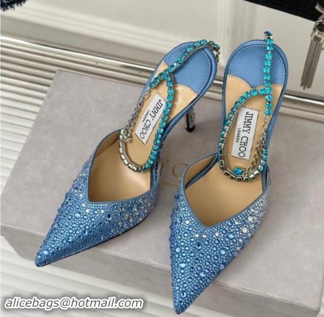 Classic Hot Jimmy Choo Saeda Slingback Pumps 8cm with Strass and Ankle Strap Blue 606062