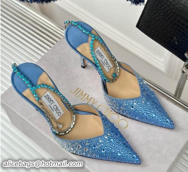 Classic Hot Jimmy Choo Saeda Slingback Pumps 8cm with Strass and Ankle Strap Blue 606062