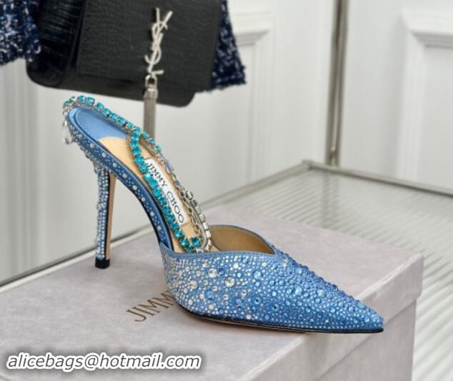 Classic Hot Jimmy Choo Saeda Slingback Pumps 8cm with Strass and Ankle Strap Blue 606062