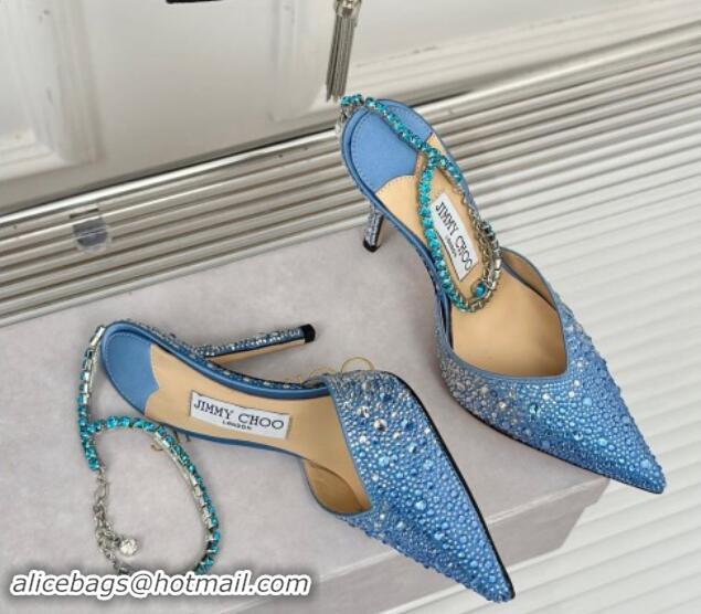 Classic Hot Jimmy Choo Saeda Slingback Pumps 8cm with Strass and Ankle Strap Blue 606062