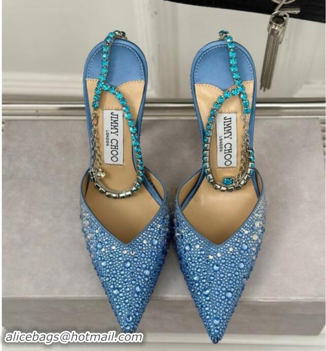 Classic Hot Jimmy Choo Saeda Slingback Pumps 8cm with Strass and Ankle Strap Blue 606062