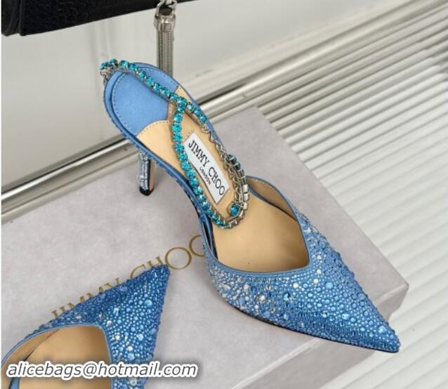 Classic Hot Jimmy Choo Saeda Slingback Pumps 8cm with Strass and Ankle Strap Blue 606062