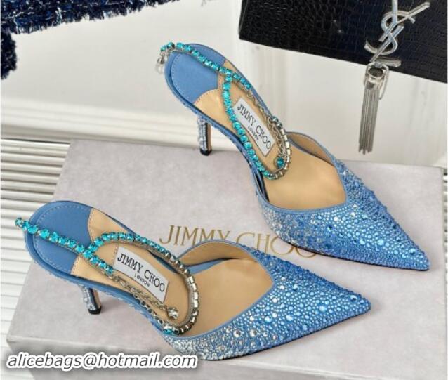 Classic Hot Jimmy Choo Saeda Slingback Pumps 8cm with Strass and Ankle Strap Blue 606062