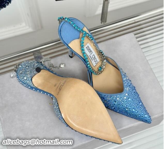 Classic Hot Jimmy Choo Saeda Slingback Pumps 8cm with Strass and Ankle Strap Blue 606062