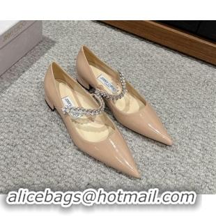 Stylish Jimmy Choo Bing Pump Flat 2.5cm with Strass Strap in Patent Calfskin Nude 606064