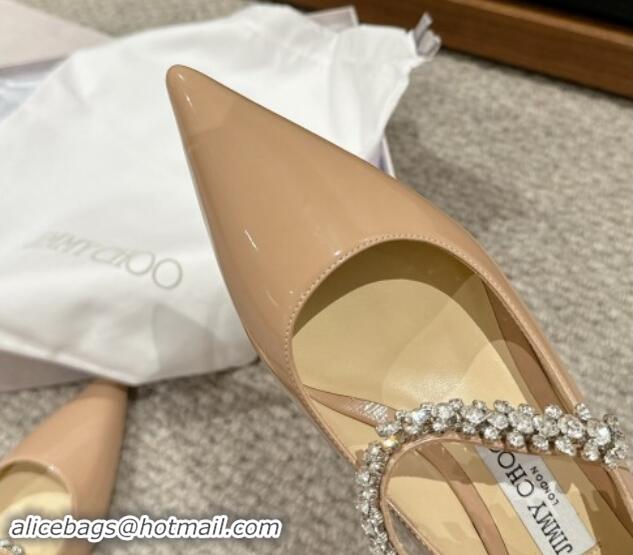 Stylish Jimmy Choo Bing Pump Flat 2.5cm with Strass Strap in Patent Calfskin Nude 606064