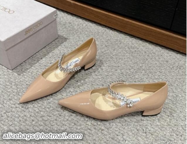 Stylish Jimmy Choo Bing Pump Flat 2.5cm with Strass Strap in Patent Calfskin Nude 606064