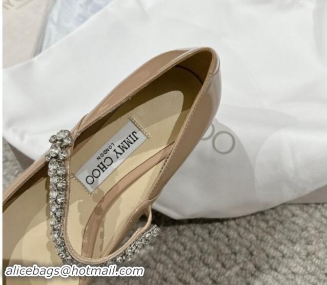 Stylish Jimmy Choo Bing Pump Flat 2.5cm with Strass Strap in Patent Calfskin Nude 606064