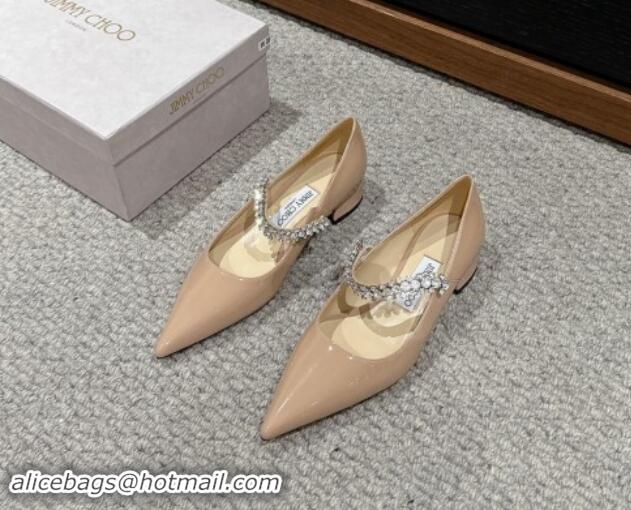 Stylish Jimmy Choo Bing Pump Flat 2.5cm with Strass Strap in Patent Calfskin Nude 606064